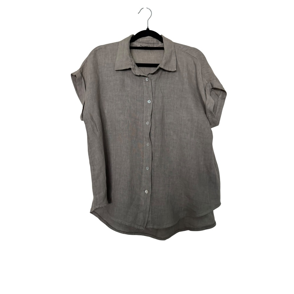 Meo Meli Italy 100% Linen Short Sleeve Button Down Shirt Taupe Gray Boho Casual